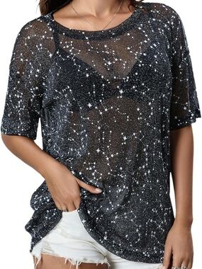 Sheer Black Star Print Short Sleeve Tee